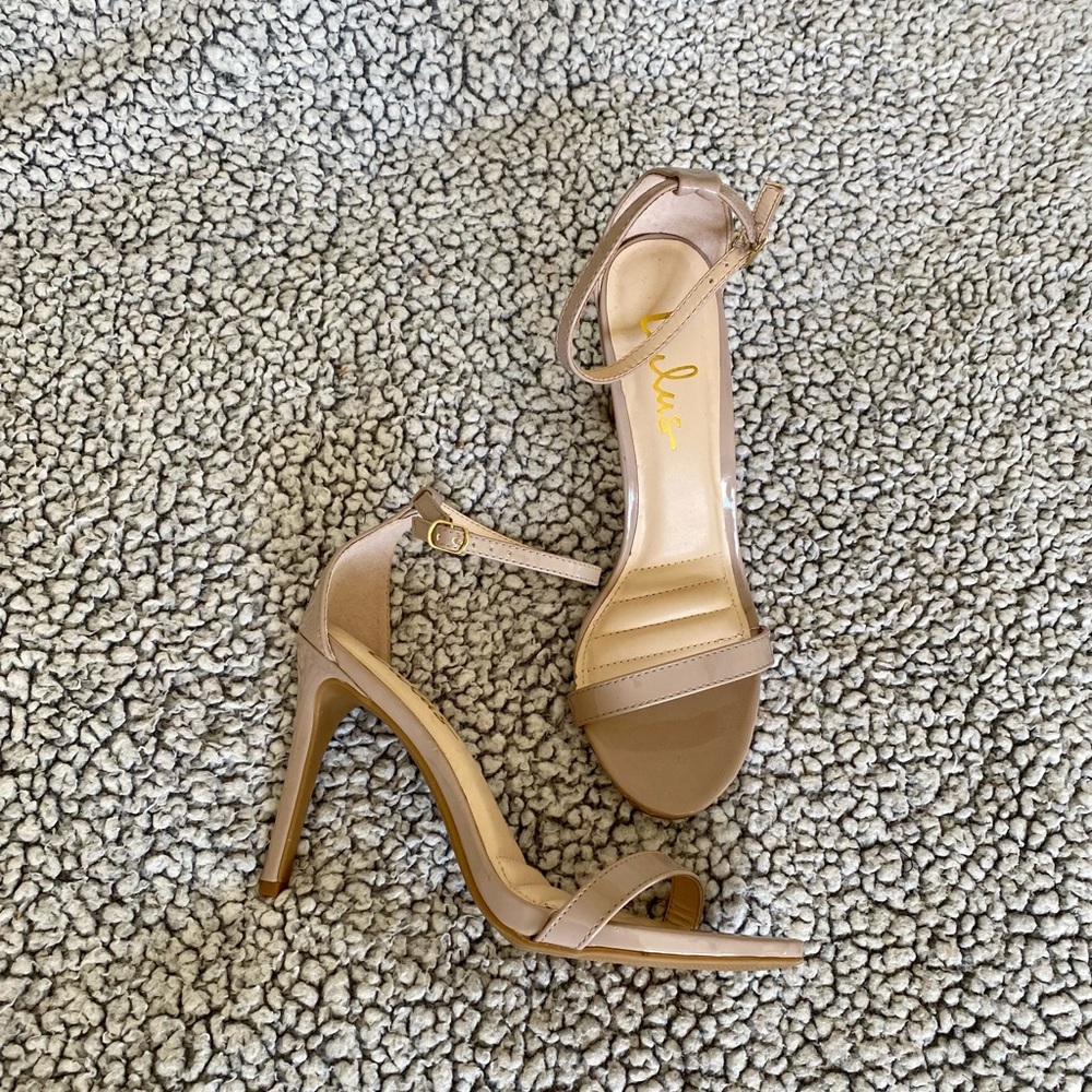 Lulus Loveliness Nude Patent Ankle Strap Heels